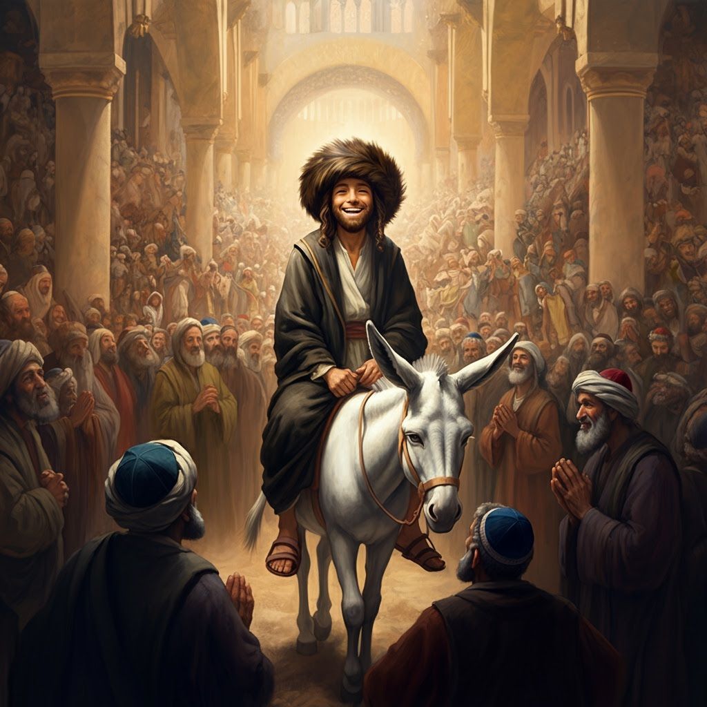 Radiant Follower on White Donkey Amidst Adoring Crowd