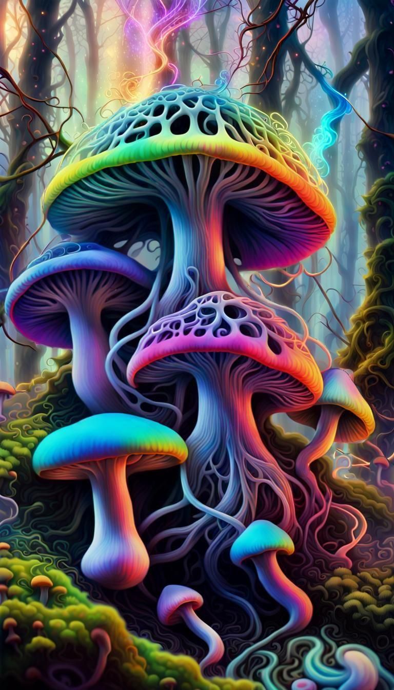 Enchanted Forest with Iridescent Smoke in Neon Colors