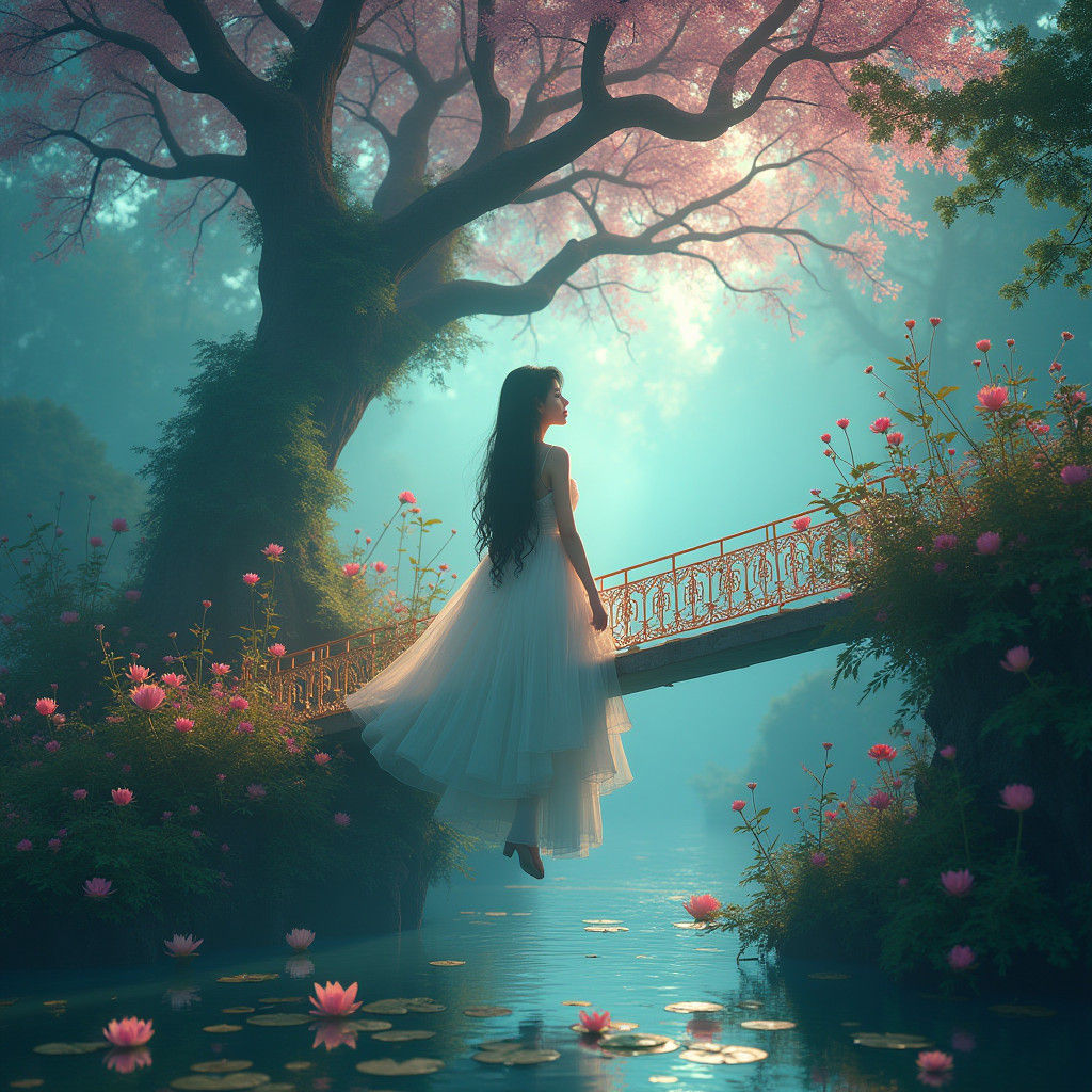 Mystical Maiden in Dreamlike Landscape as Digital Art