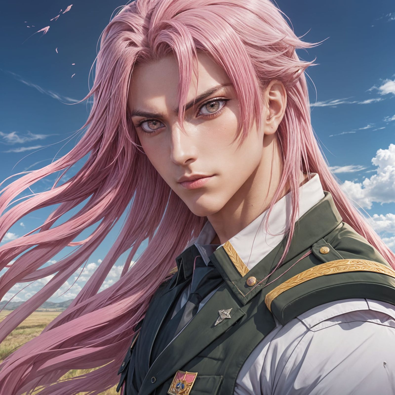 Anime Handsome Man with Pink Hair in Military Uniform