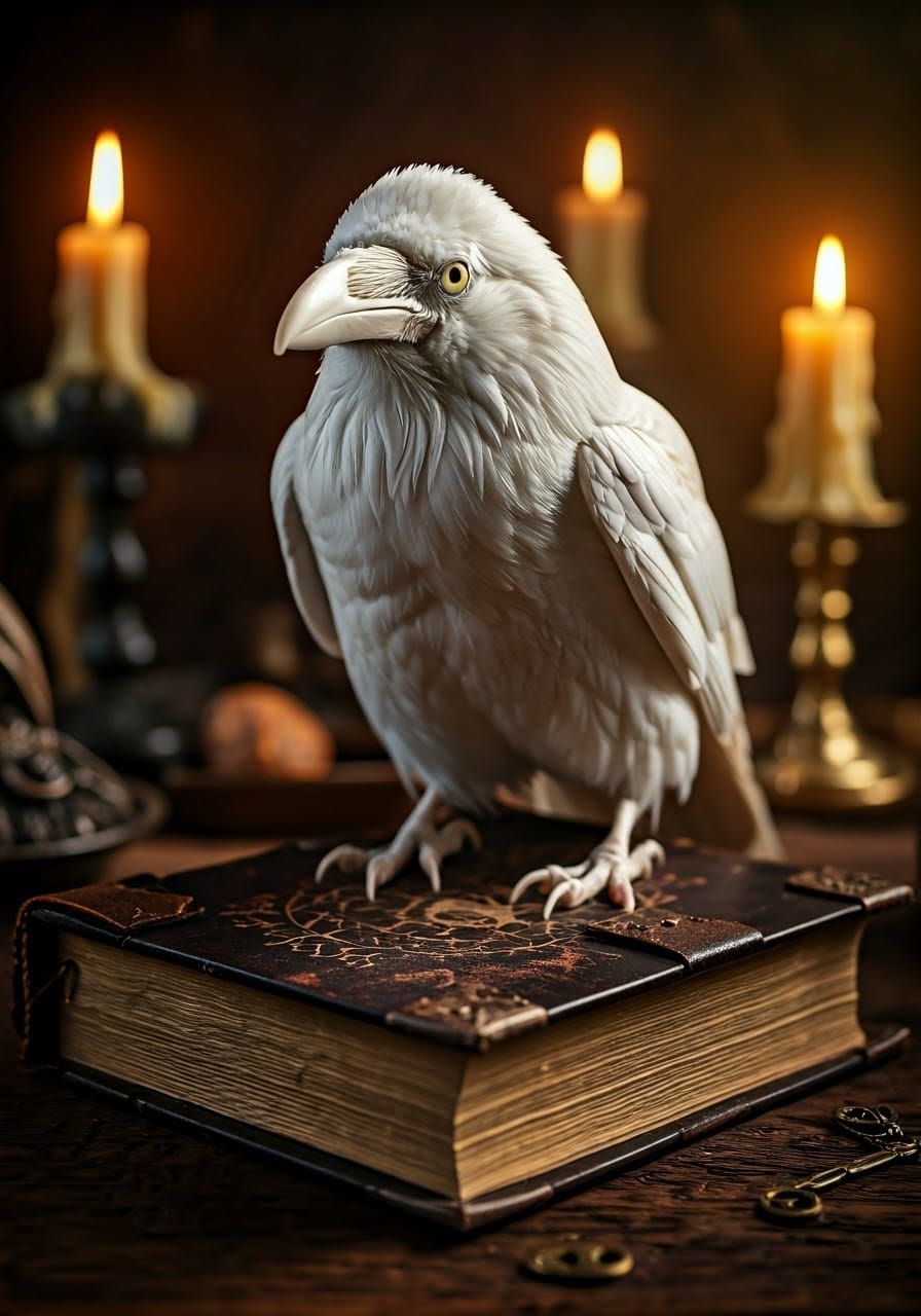 Albino Raven in Sorcerer's Lair, Photorealistic Style