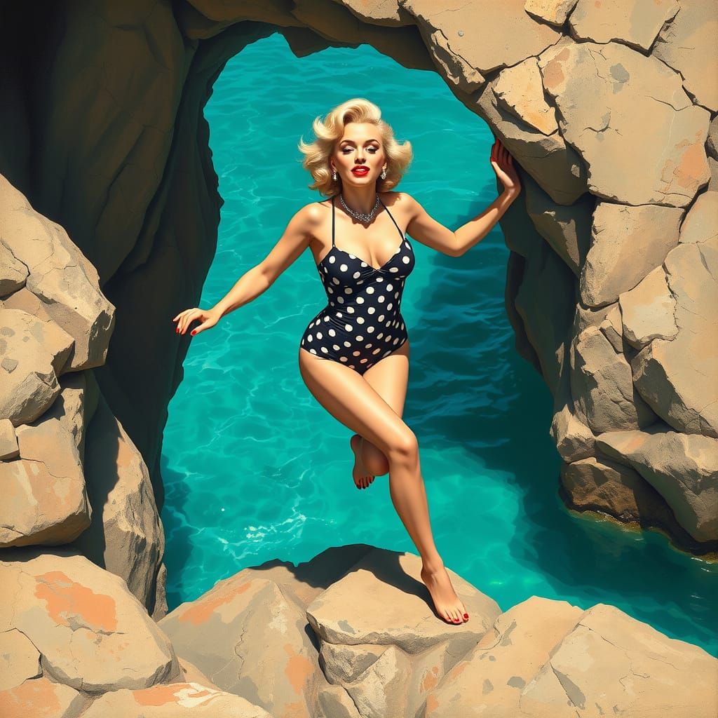 Art Deco Woman Diving into Turquoise Sea