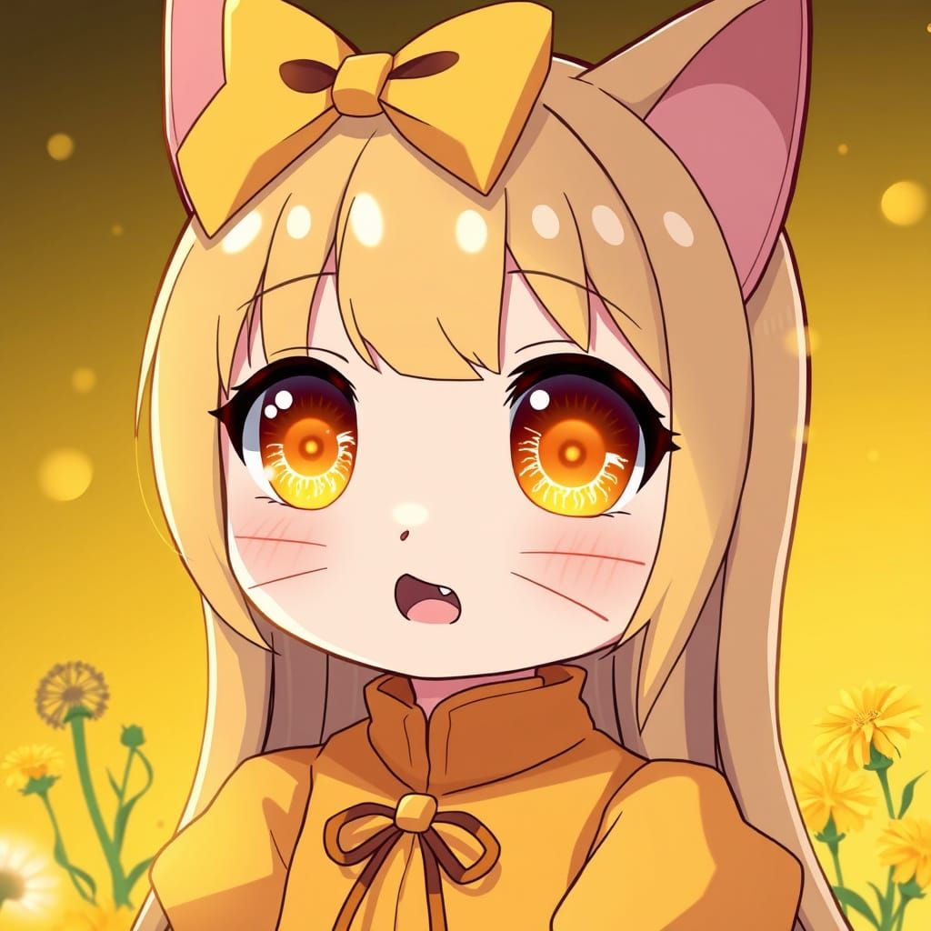 Vibrant Chibi Catgirl with Sparkling Eyes in Bright Yellow