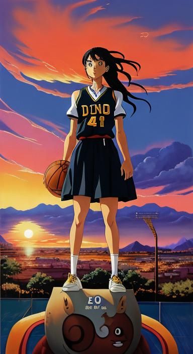 Ghibli Girl Plays Basketball at Sunset: Anime Art