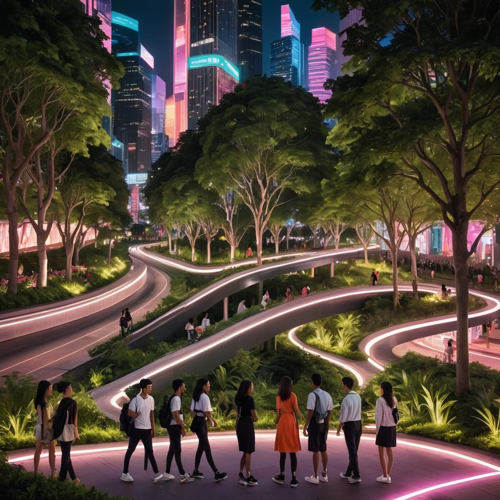 Teenagers in Futuristic Cityscape at Night