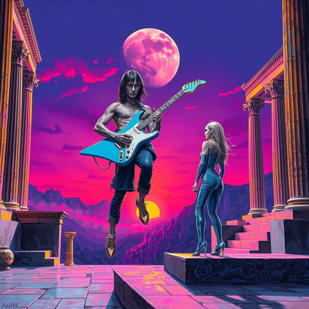 Psychedelic Musician in Ancient Palace Sunset