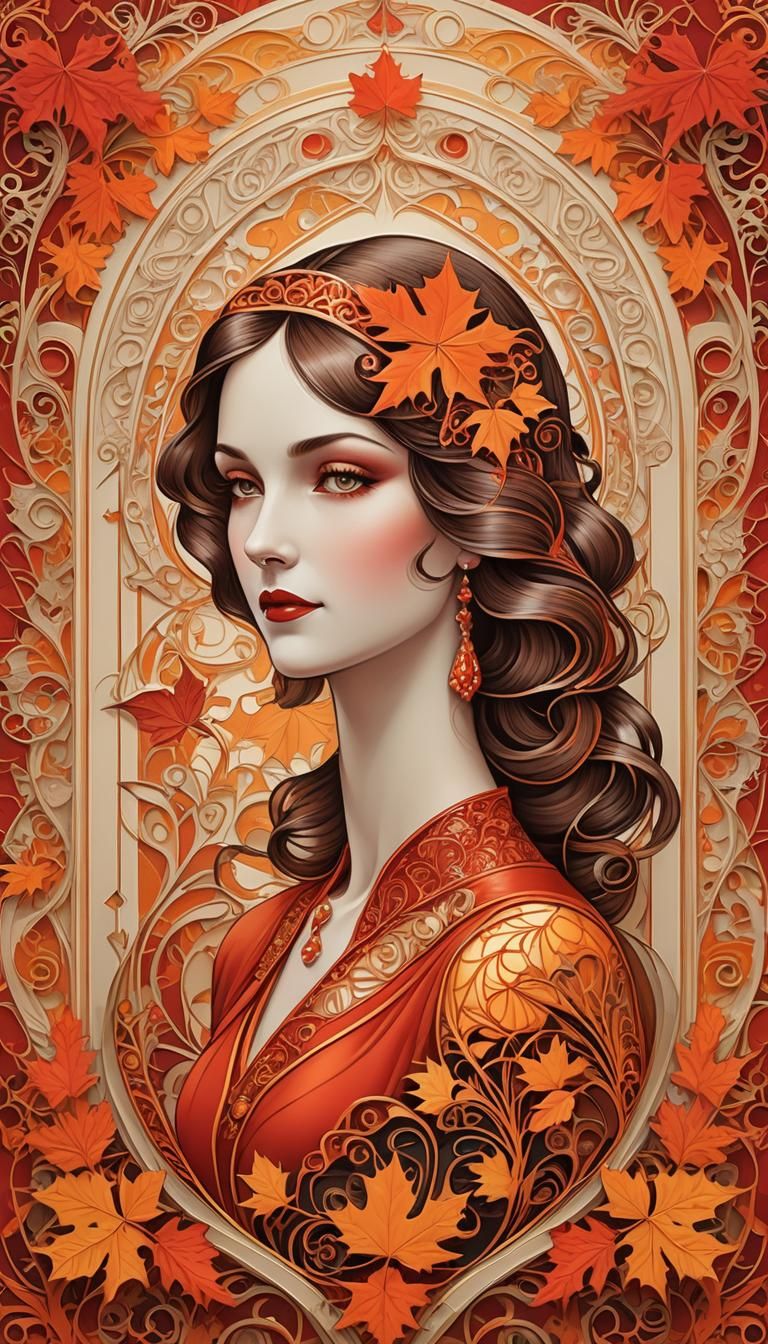 Art Deco Woman Portrait with Autumn Border