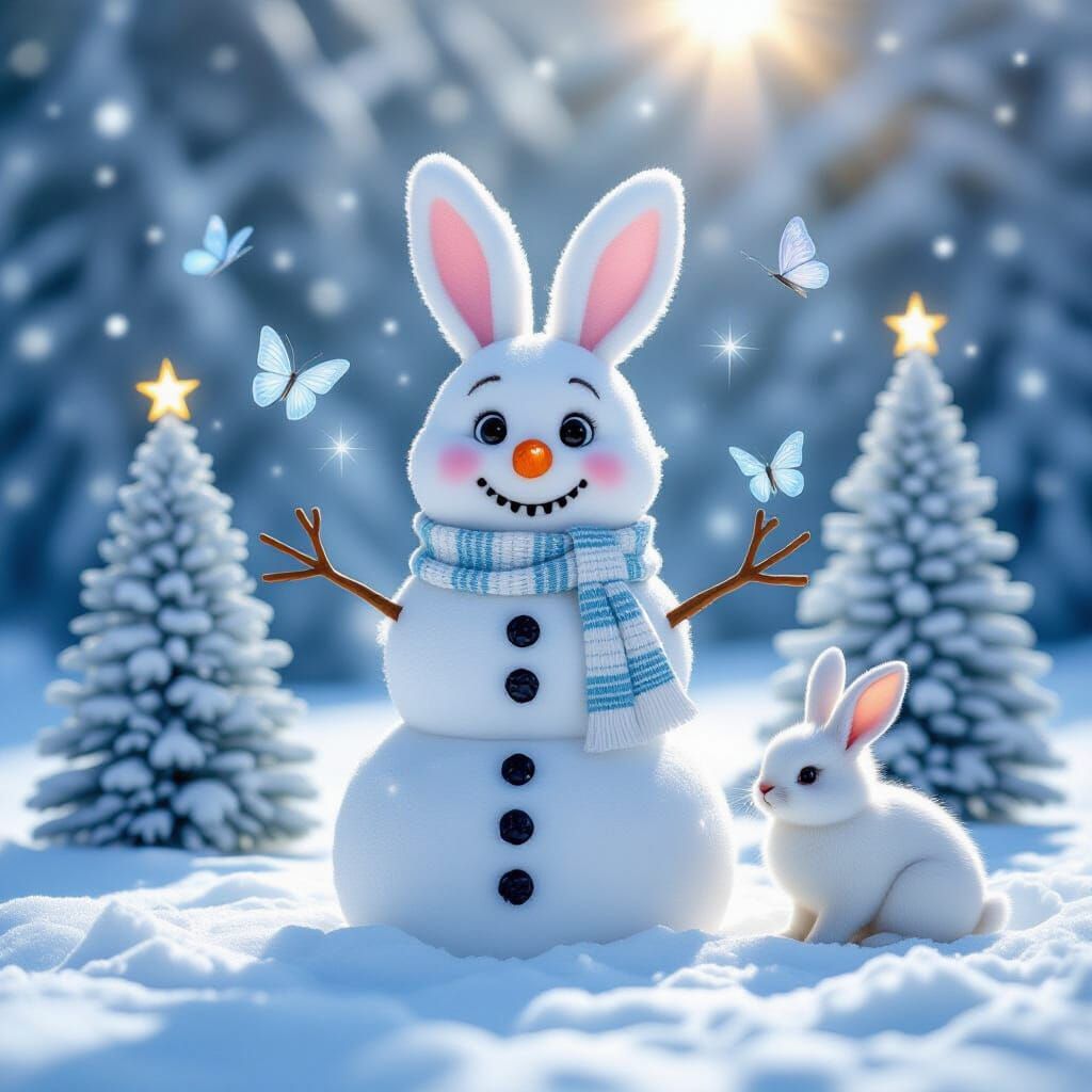 Sparkling Snowman and Bunny in Winter Wonderland