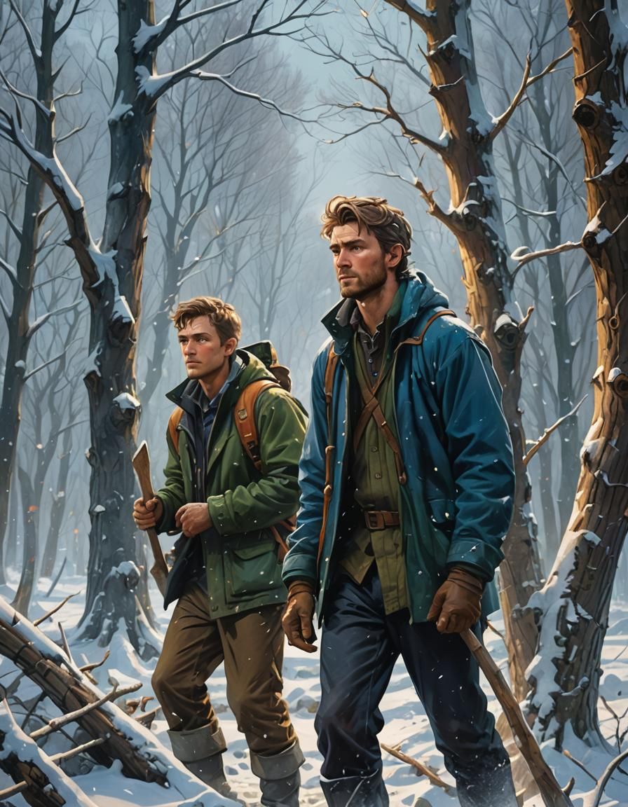 Woodcutters Brave a Snowstorm: Hyperrealistic Concept Art