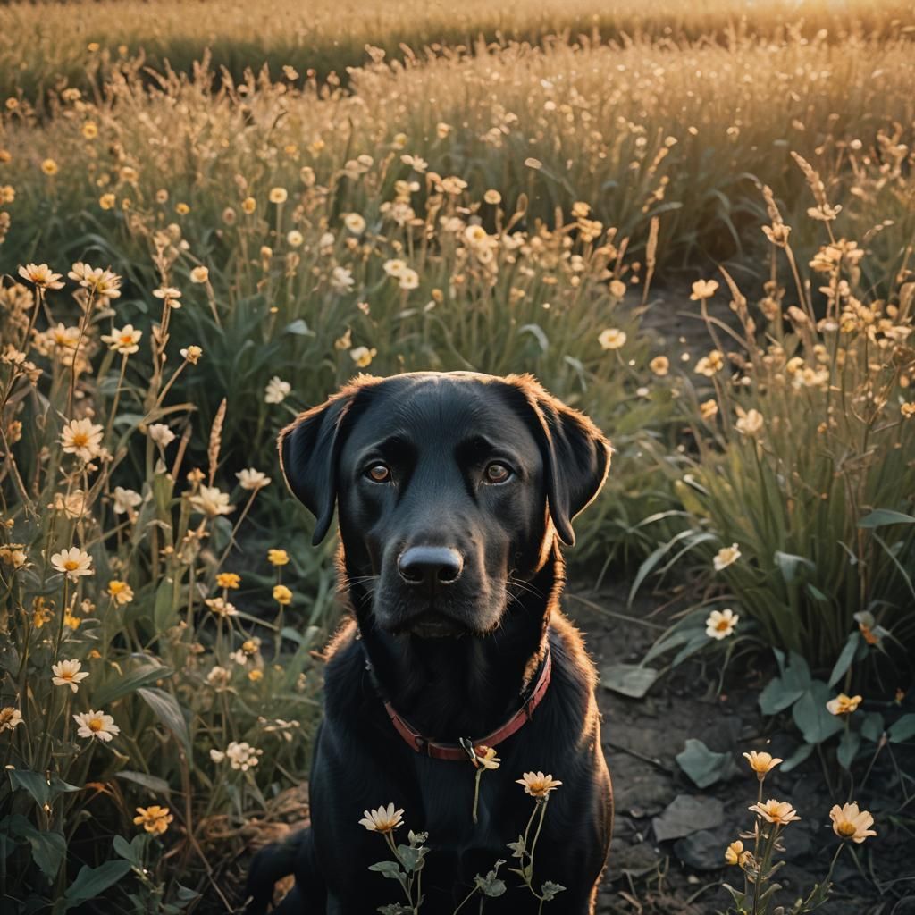 Black Labrador in Field at Sunset: Photorealistic