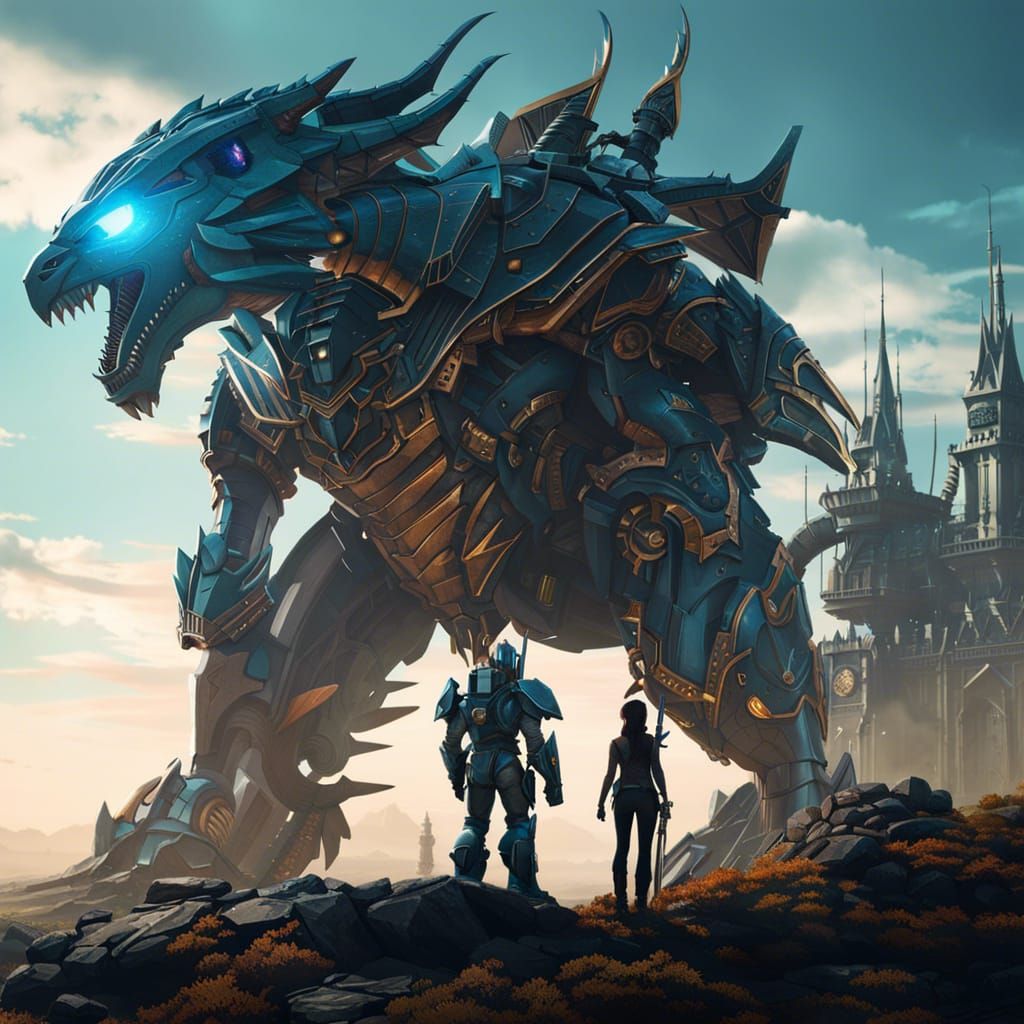 Knight vs. Robot Dragon in Cyberpunk Sci-Fi