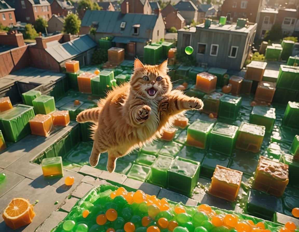 Orange Cat Jumps Into Green Jello Pit