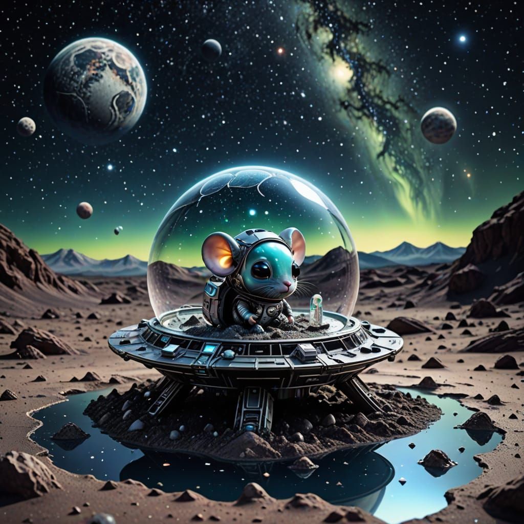 Mouse in Miniature Spaceship on Moon, Hyperrealistic Splash ...