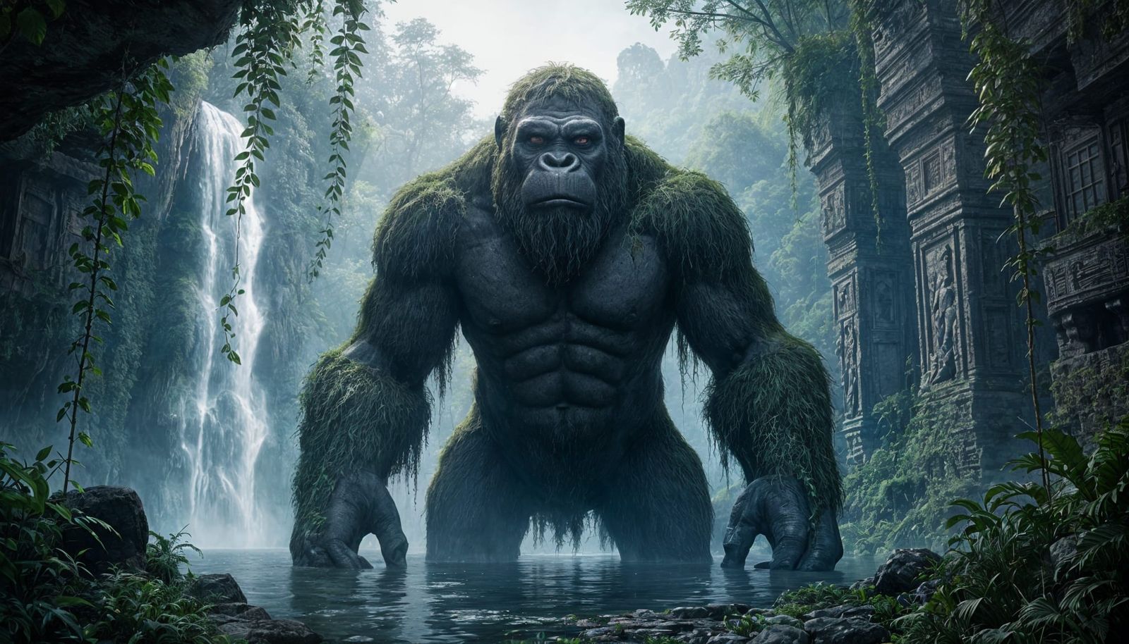 Ancient Stone Ape Statue in Misty Jungle Waterfall