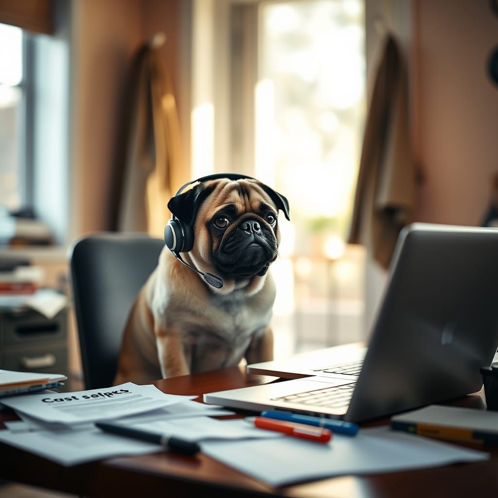Serious Pug in Home Office Setup