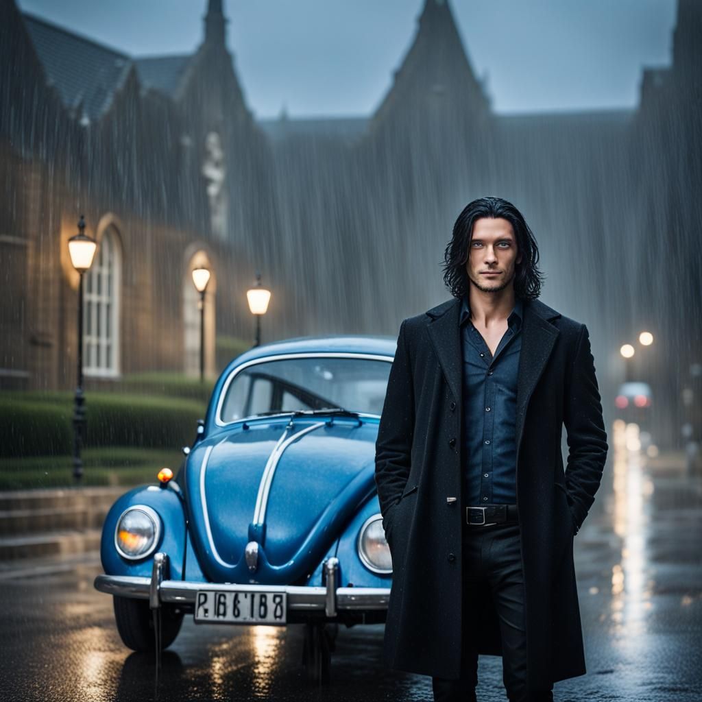 Dark Fantasy Man and Beetle in Rain