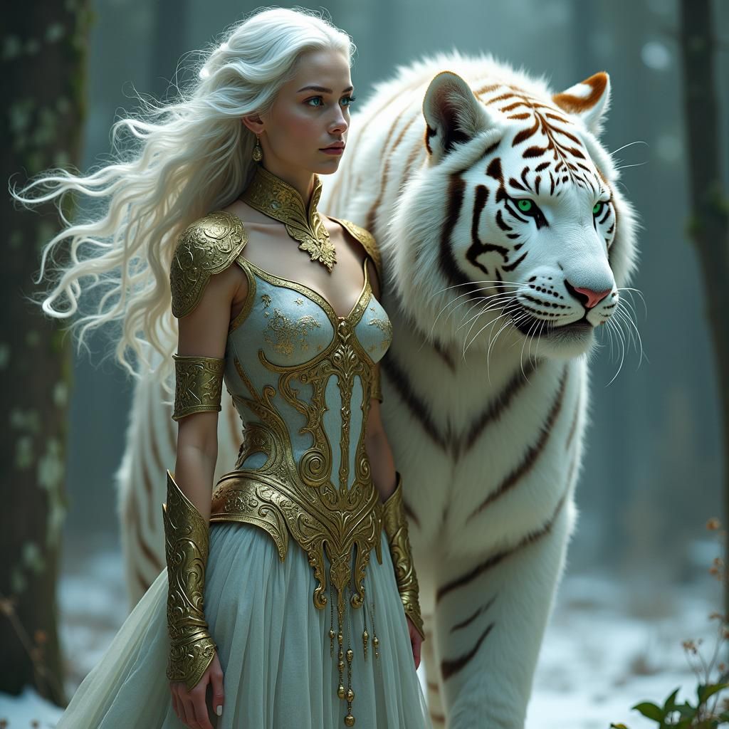 Woman and White Tiger Fusion in Misty Forest