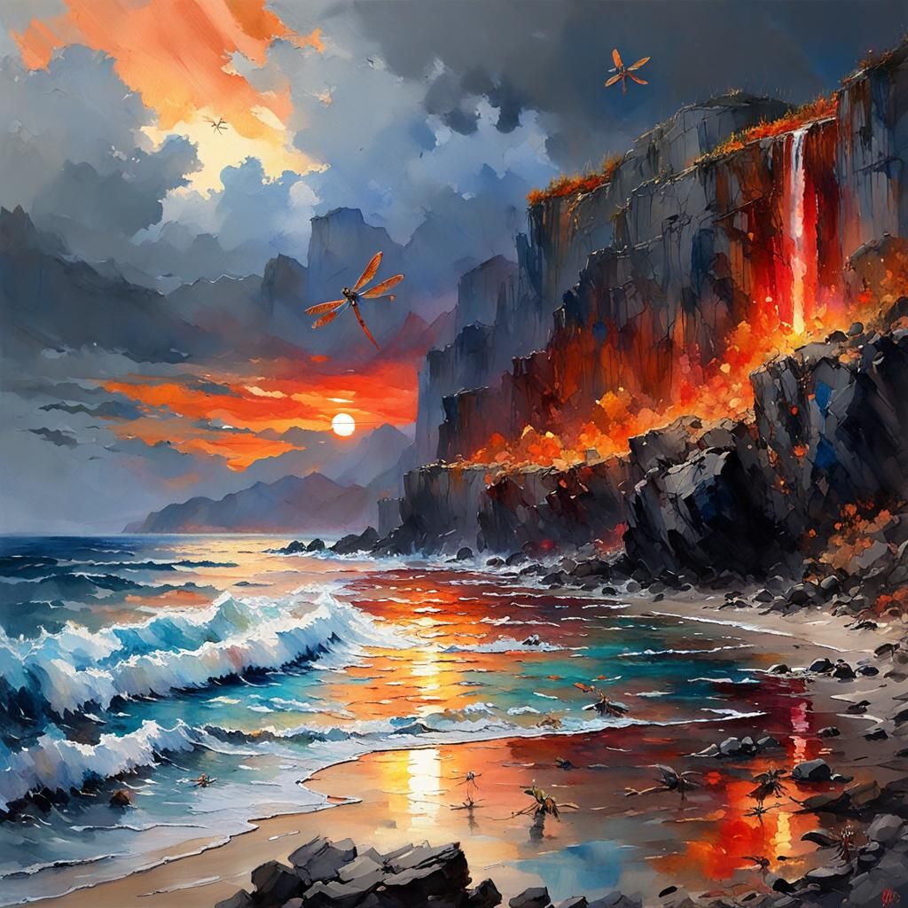 Fiery Sunset Beachscape with Dragonflies