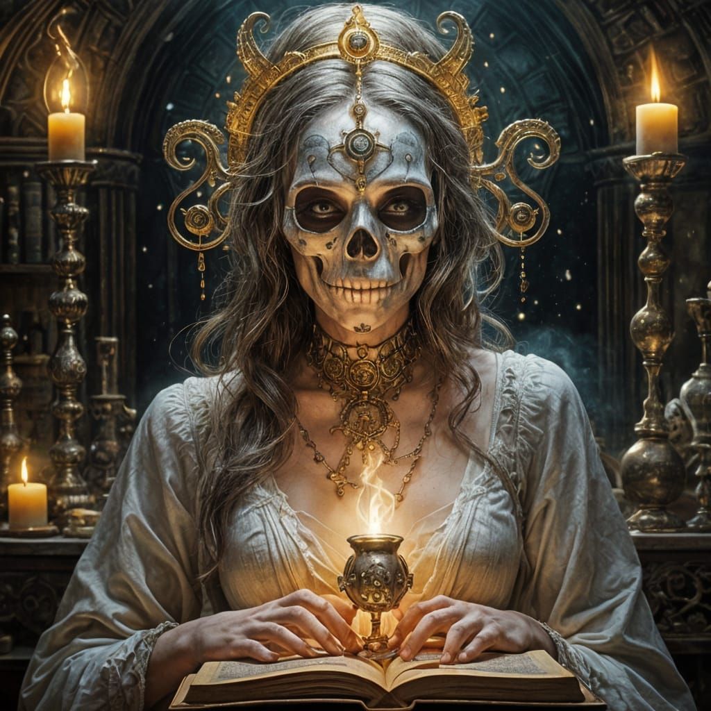 Girl Skull Amidst Medieval Alchemy in Vibrant, Hyperdetailed...