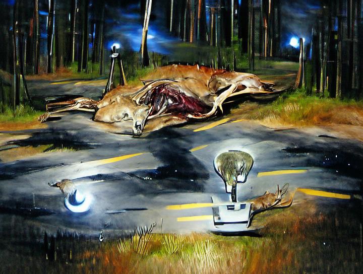 Dead Deer in Forest at Night: Oil Painting
