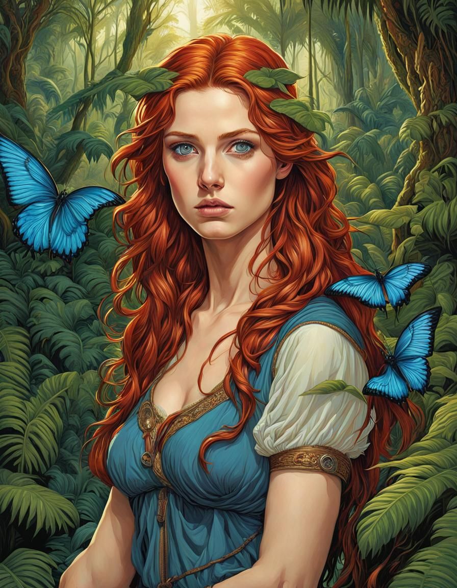Redhead Beauty in Maximalist Jungle, Comic Book Art