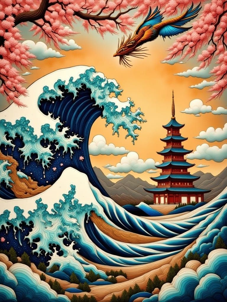 Vibrant Asian Scene in Traditional Hokusai Style