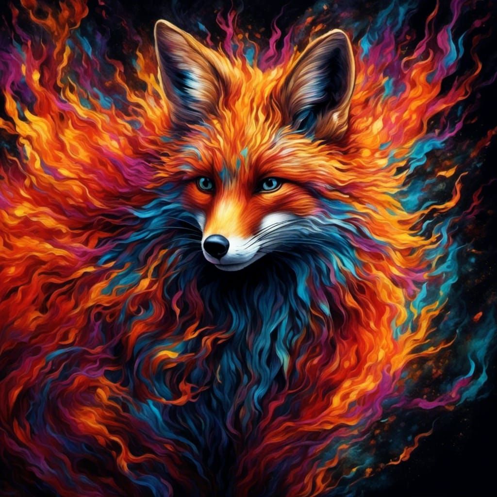 Fox Ablaze: Hyperreal Flames on Black Background
