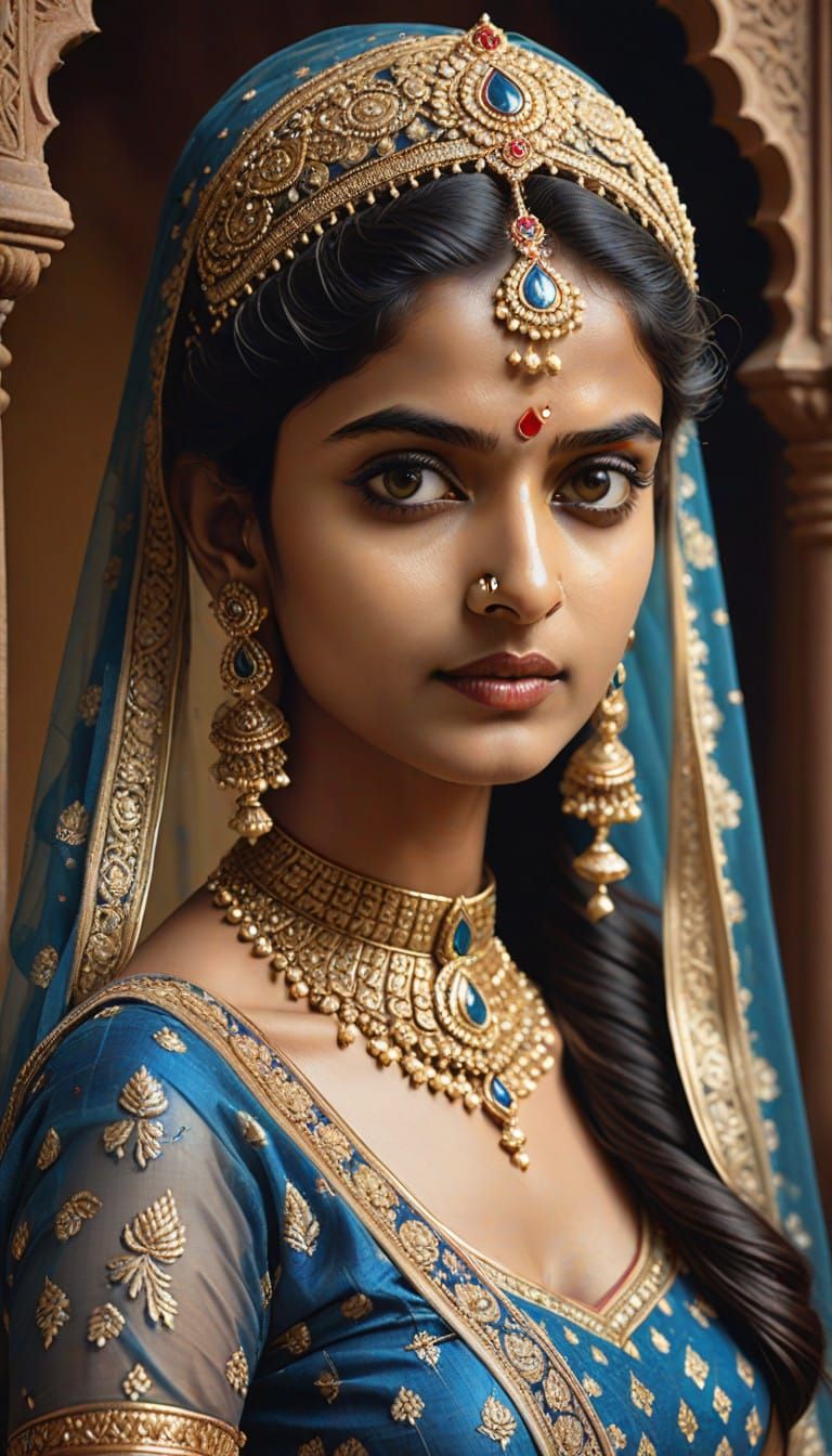 Regal Indian Bride in Opulent Blue Lehenga with Golden Detai...