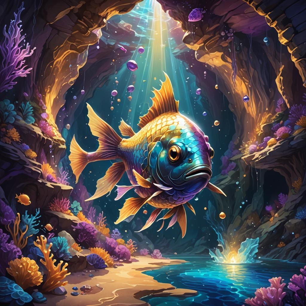 Mystical Fish Captures Pearl in Underwater Cave
