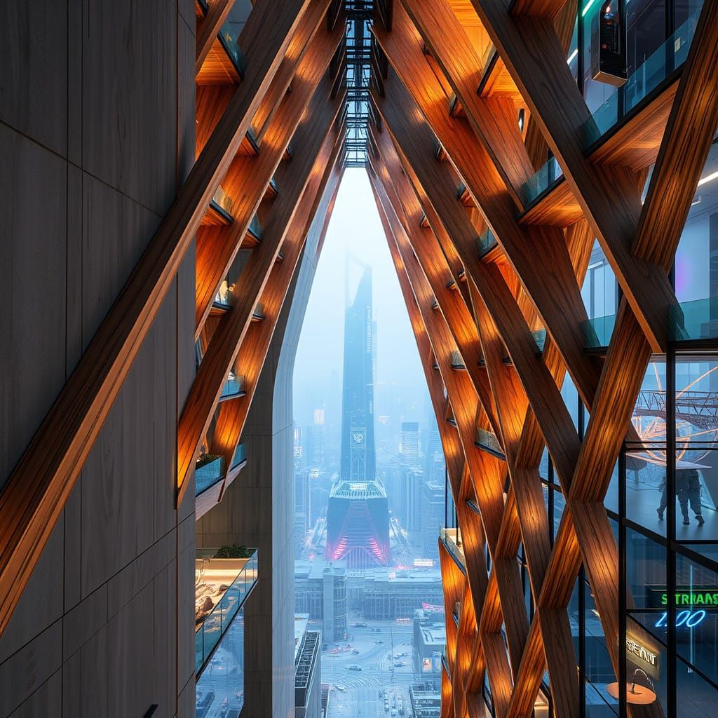 Cyberpunk Skyscraper with Dynamic Wood and Neon Cityscape