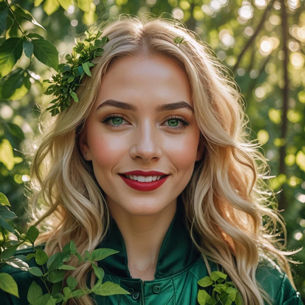 Smiling Blonde Woman in Emerald Green Setting