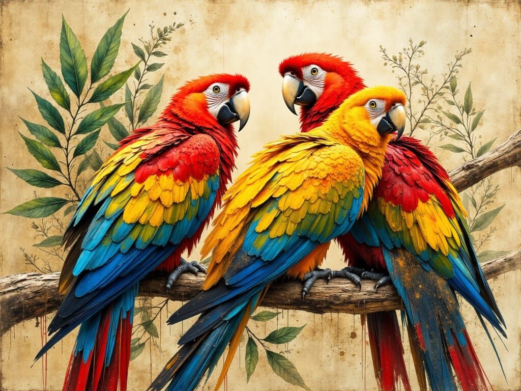 Vibrant Macaws in Art Nouveau Impasto Style