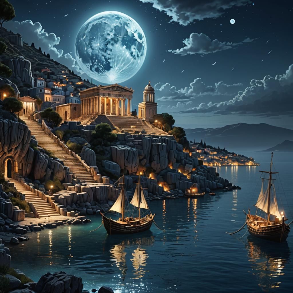 Ancient Greek Harbor on Lesvos Island in Art Deco Style