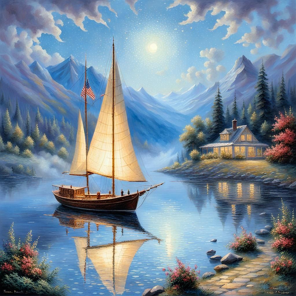 Ethereal Sailboat on Starry Lake, Fantasy Painting