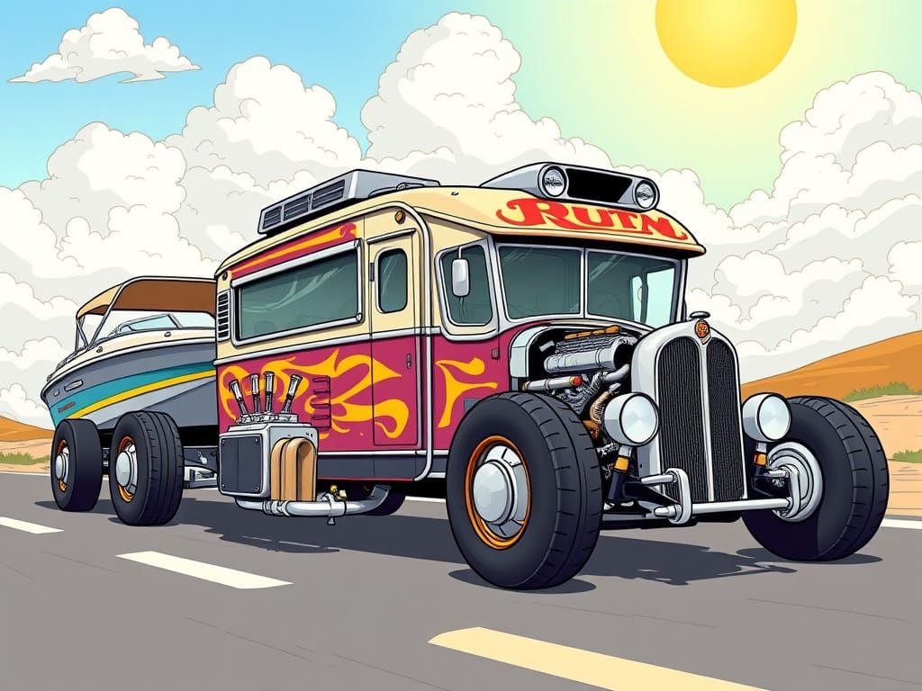 Vintage Hot Rod Motor Home Towing a Sleek Boat