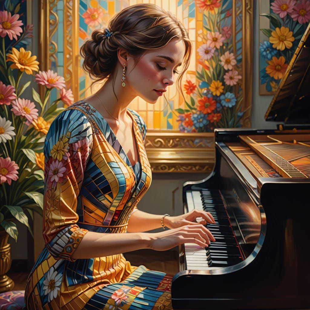 Woman at Piano Keyboard in Vibrant Oil Painting