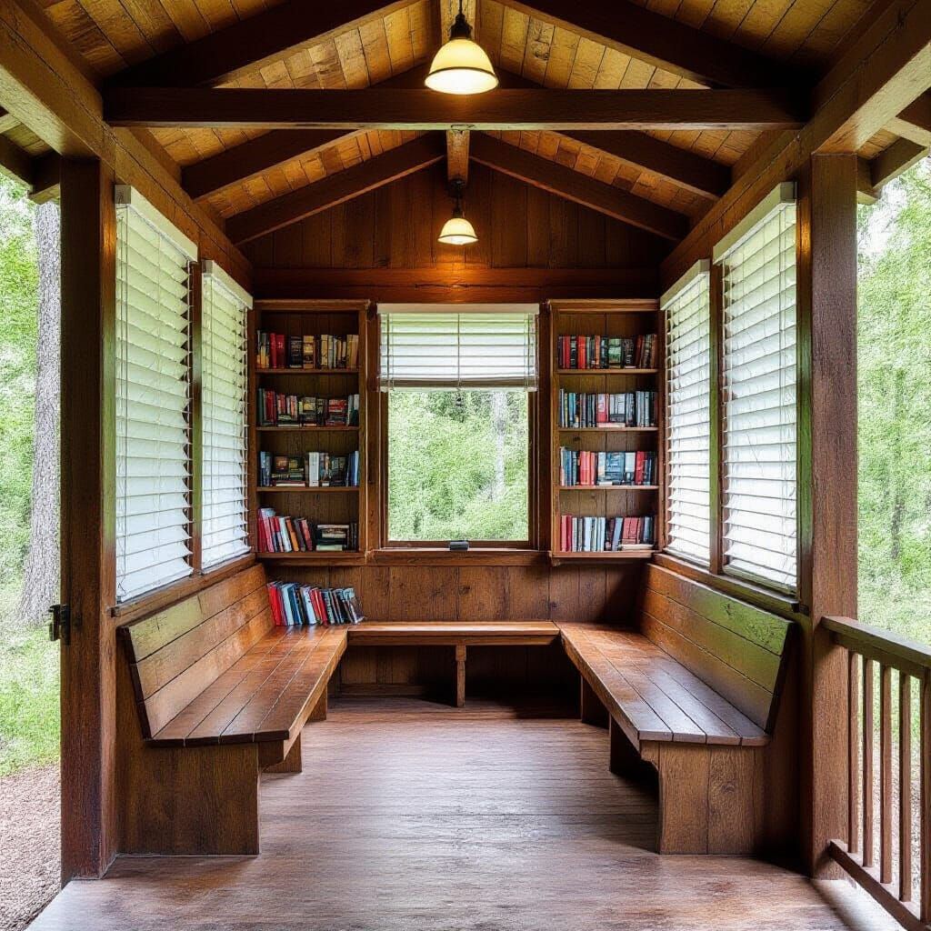 Forest Library in Rustic Shed, Serene Woodland Scene