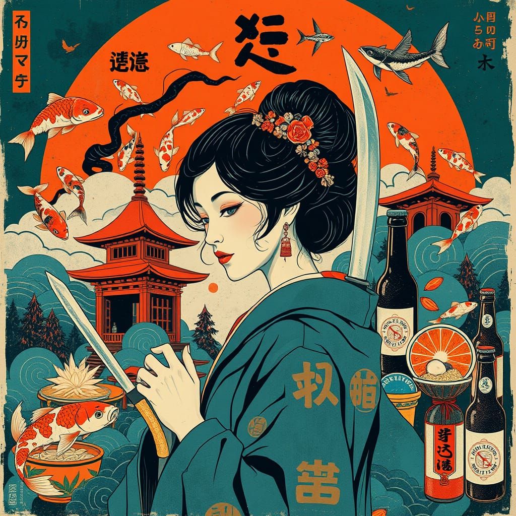 Japanese Noir Scene with Mystic Runes in Poster Style