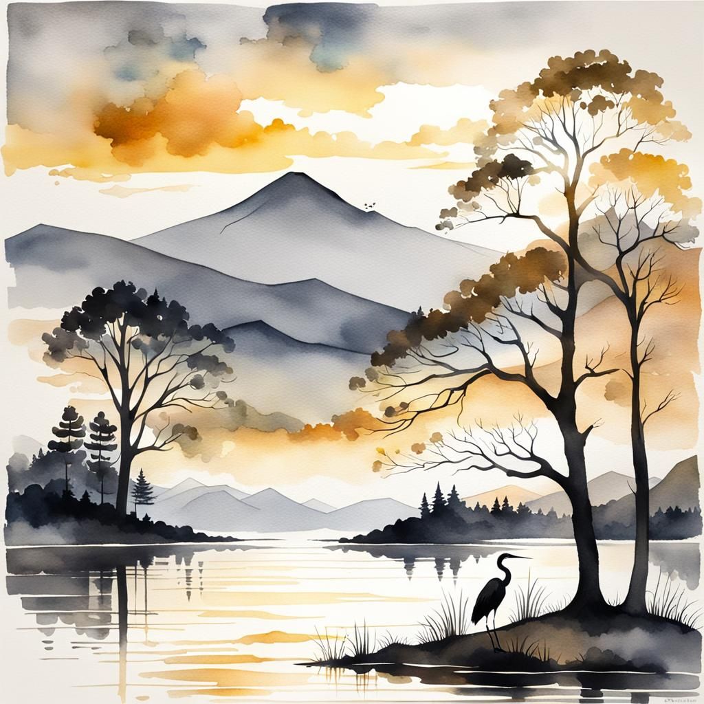 Watercolor Lake Sunset with Heron Silhouette