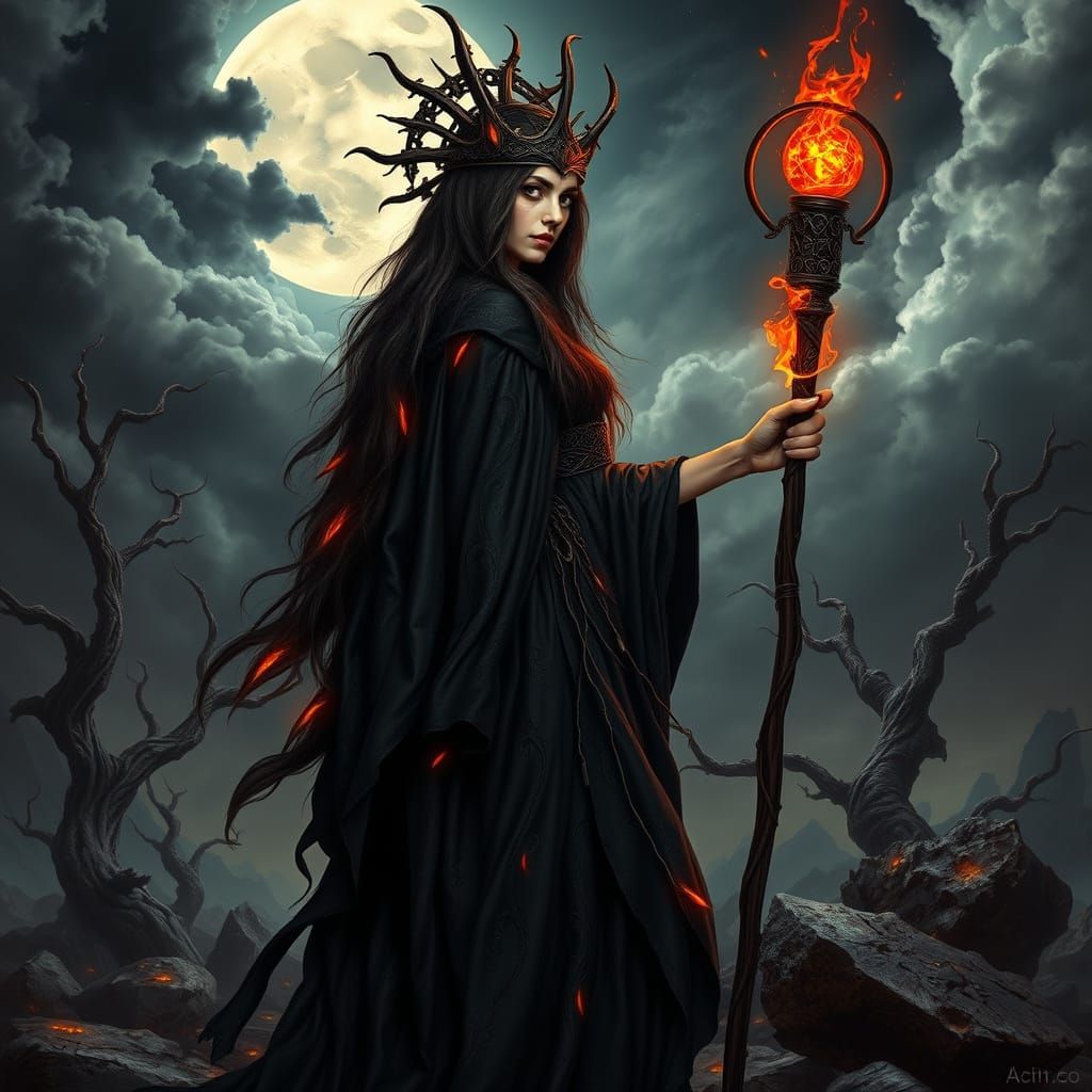 Ethereal Sorceress Illuminated by Full Moon in Dark Landscap...