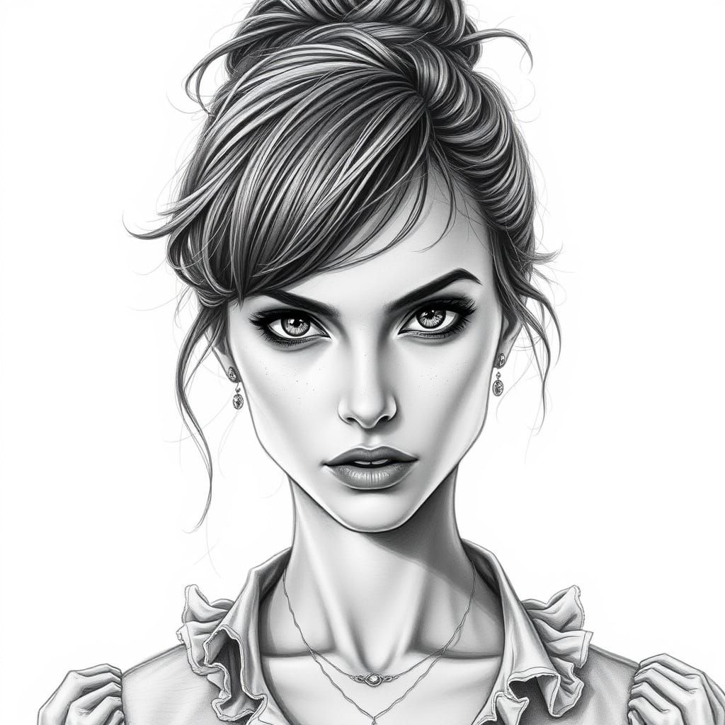 Woman in Monochrome Pencil Drawing with Intense Expression