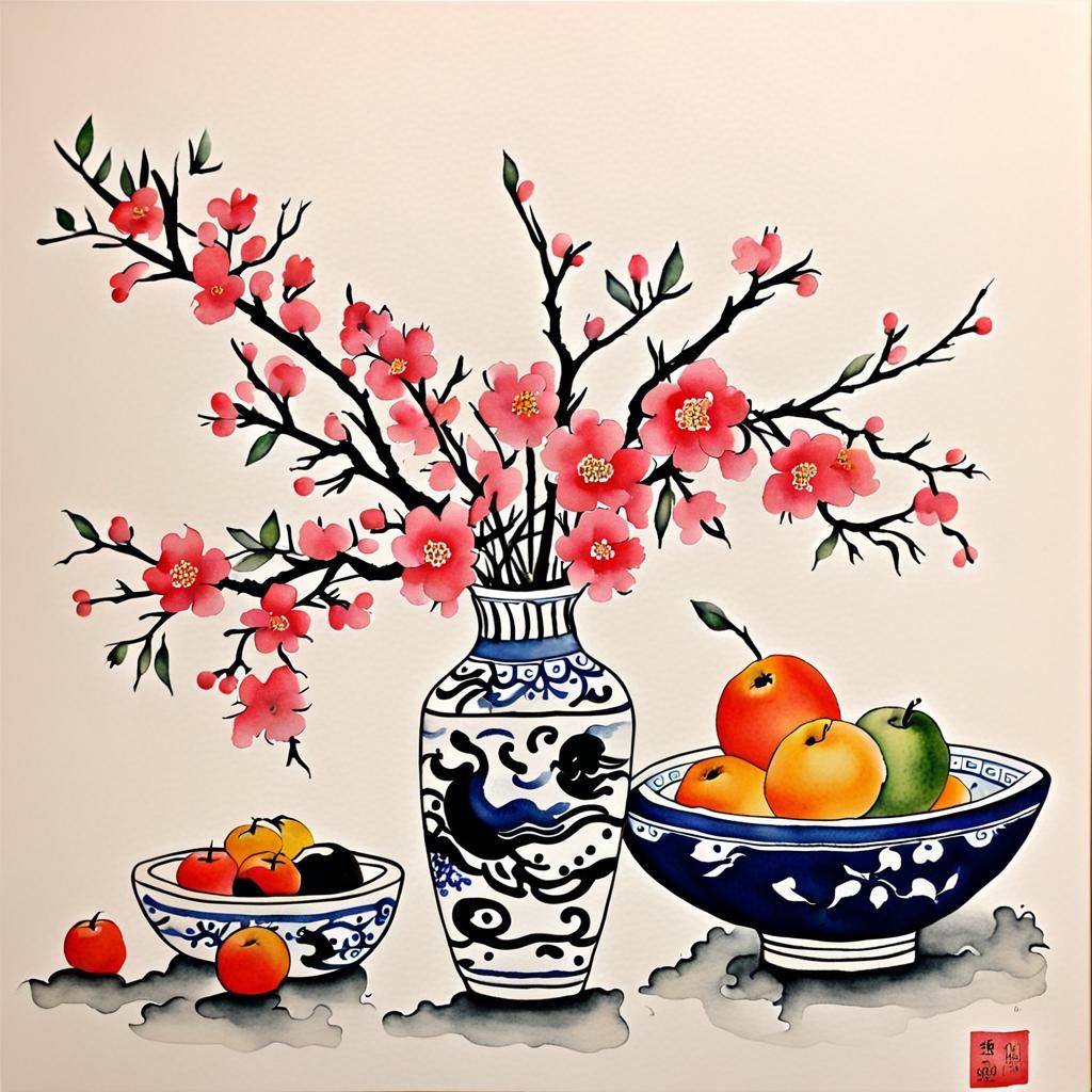 Oriental Watercolor Still Life with Vase and Fruits