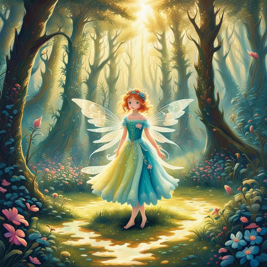 Fairy in Forest Glade: Whimsical Oil Painting