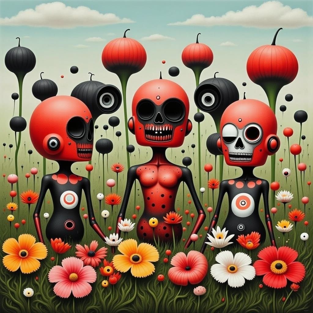Cute Robots in a Surreal Flower Garden