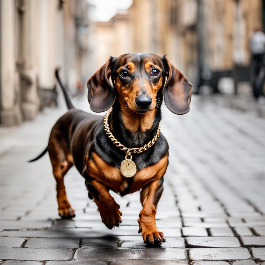 Dachshund with Golden Chain Collar in City