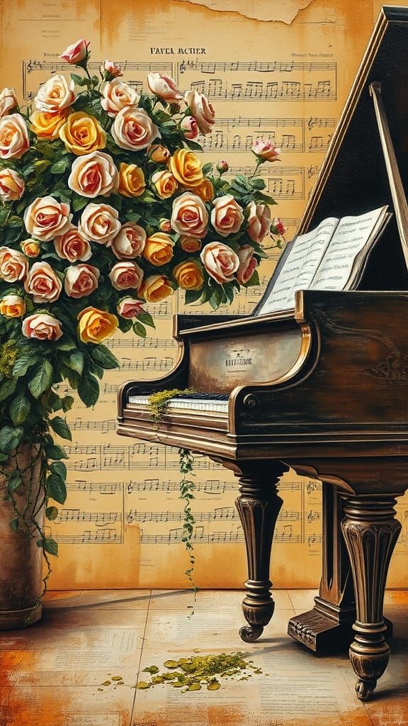 Romantic Oil Painting in Shabby-Chic Style with Distressed P...