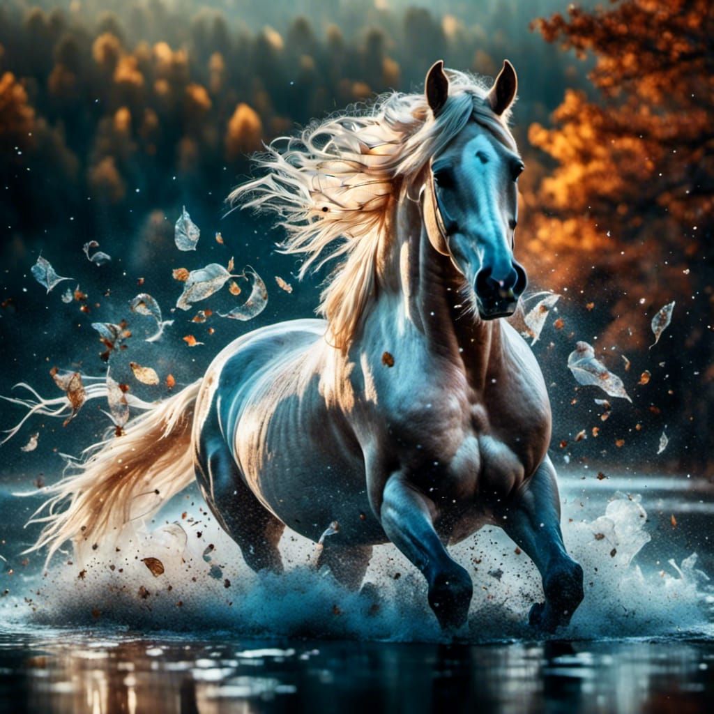 Palomino Horse Galloping Through Misty Lake at Night