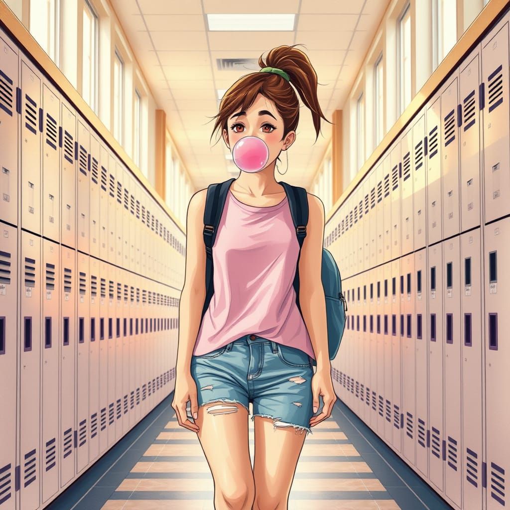 Vibrant High School Girl Blows Bubble Gum in 90s Nostalgic S...