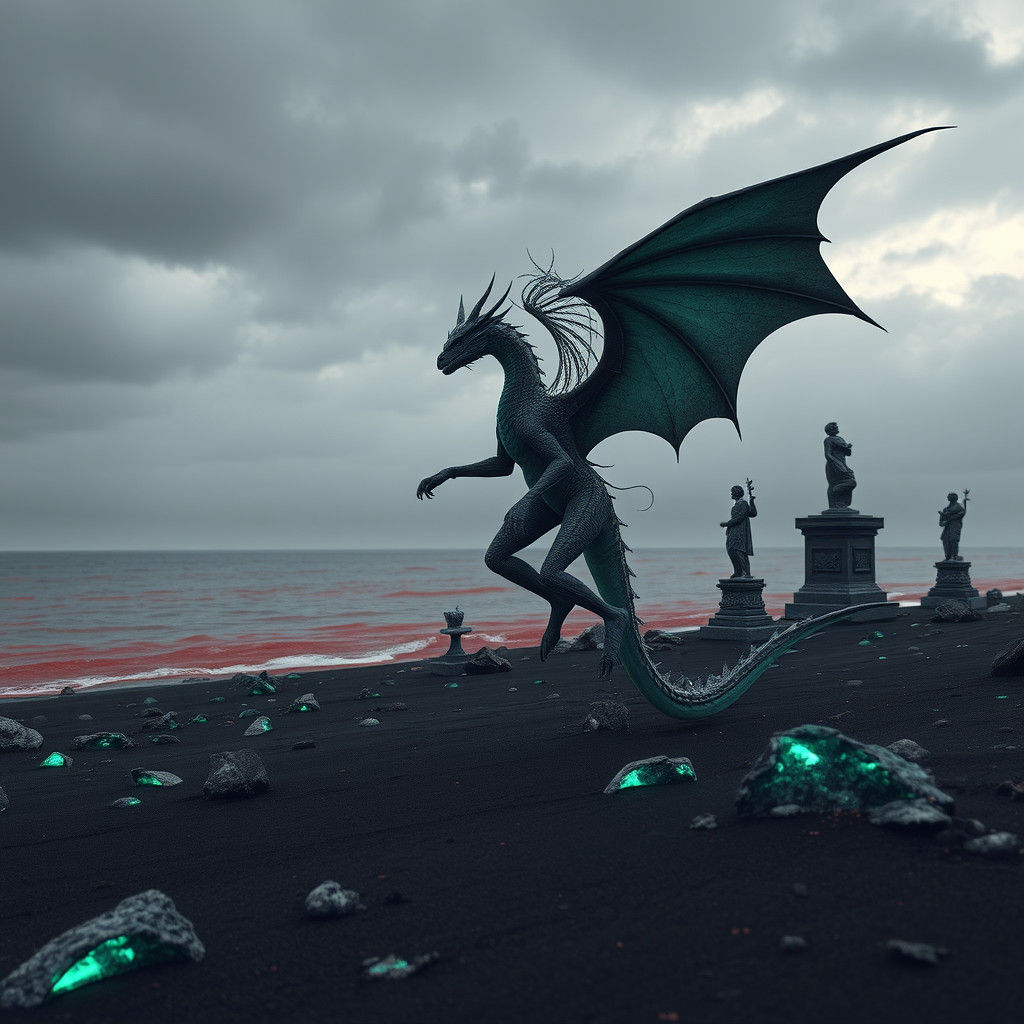 Winged Dragon Dance on Black Sand Shore
