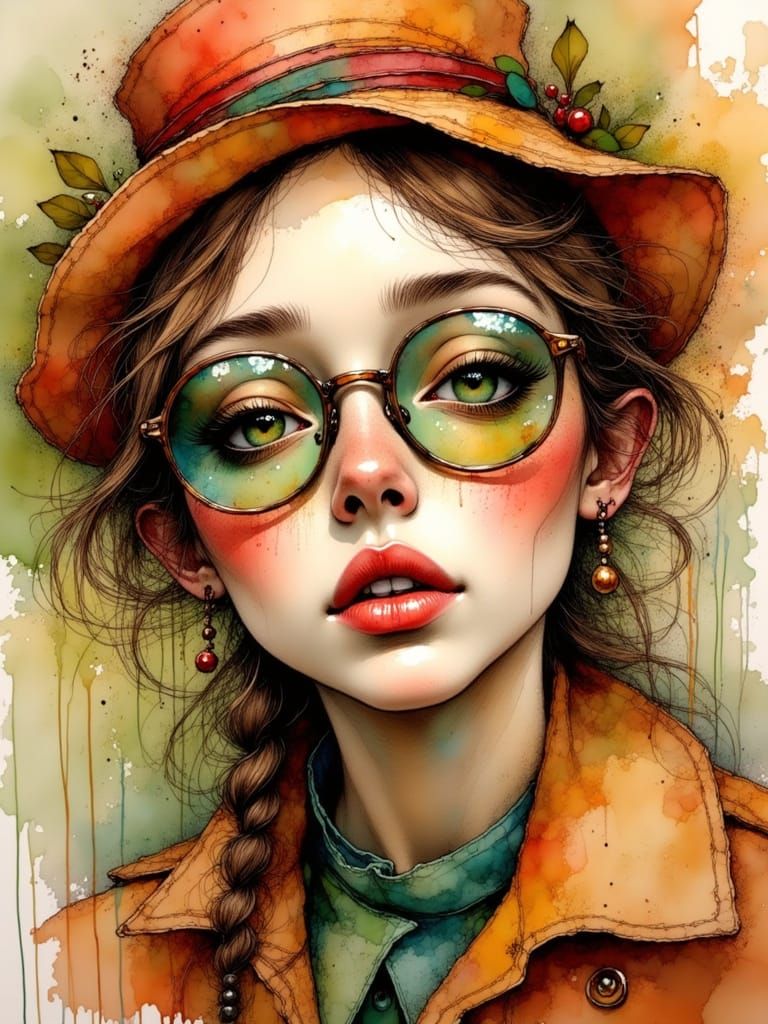 portrait  of a female country girl with  large expressive green eyes wearing cute round glasses: oil painting with brush...